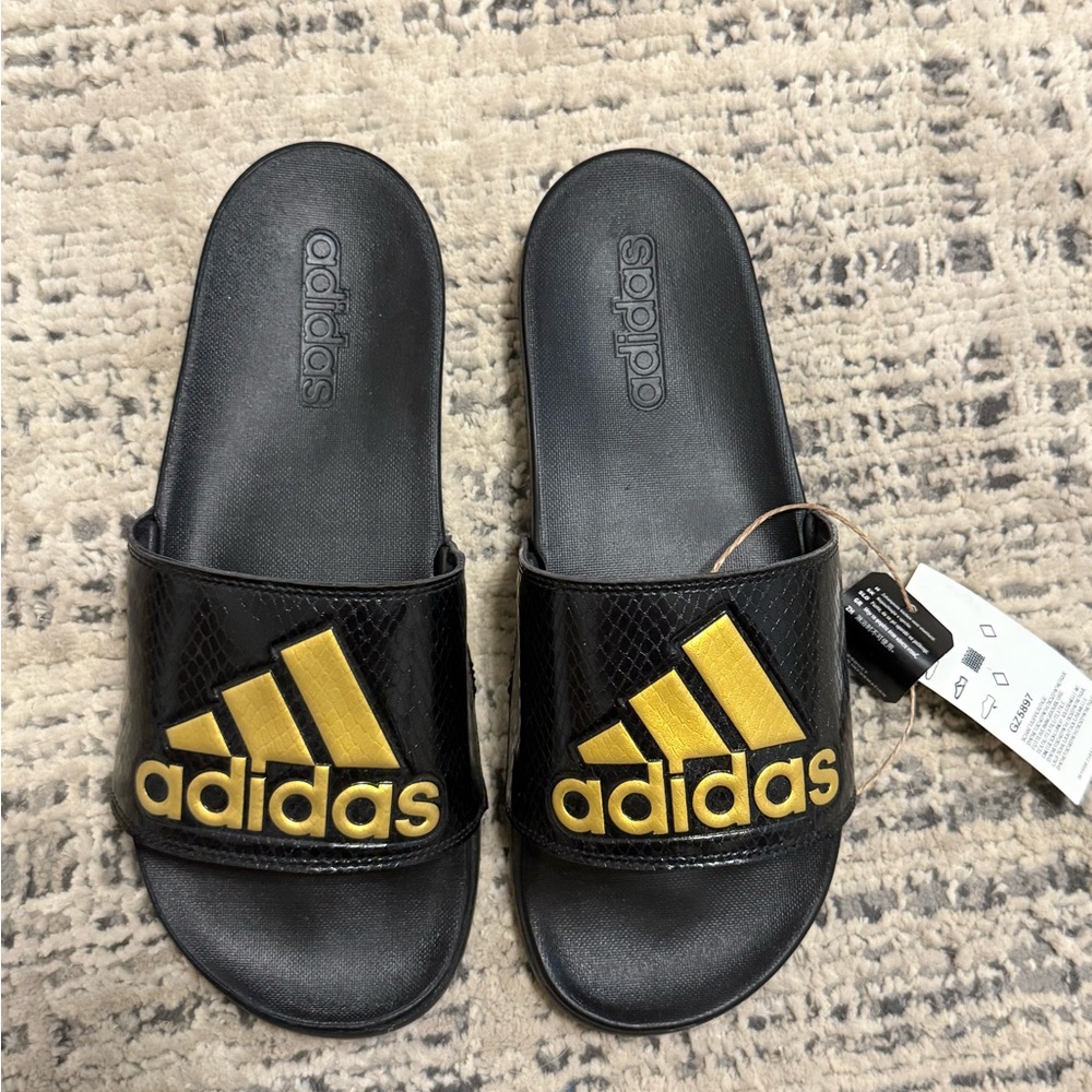 Adidas Black and Gold Women's Slippers